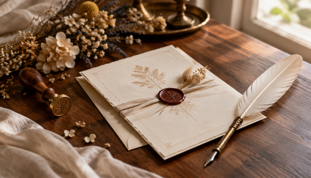 Hochzeitseinladungskarte mit Federkiel, Siegellack und Trockenblumen